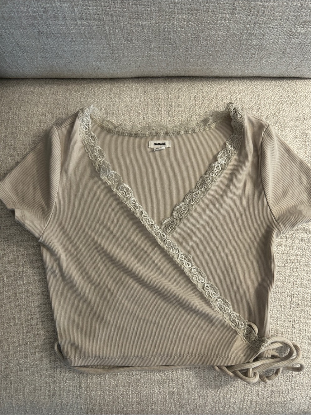Garage Lace-Trim Wrap Crop Top - Light Beige